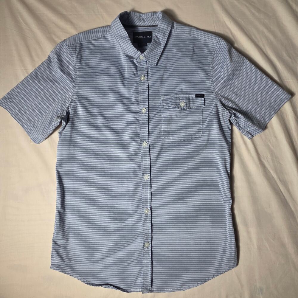 O'Neill Mens Small Short Sleeve Button Up Shirt Blue White Striped Chest Pocket